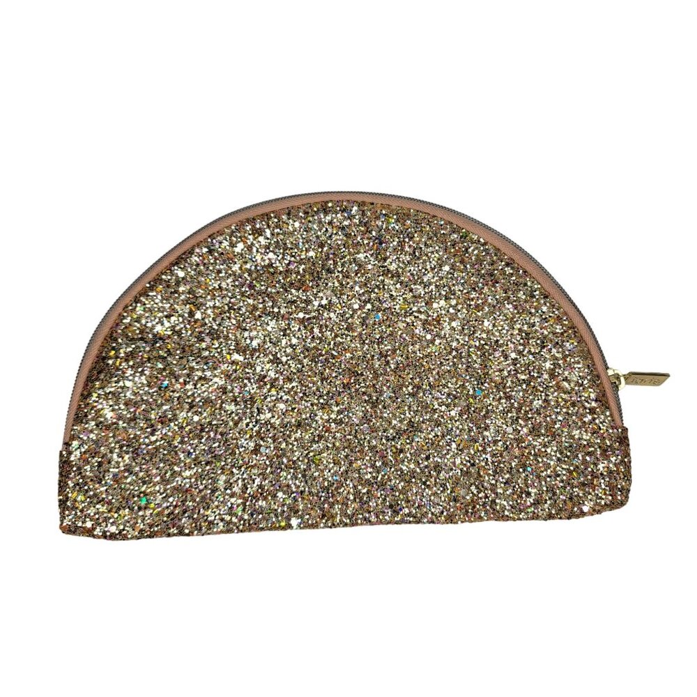 Tarte Glitter Half-Moon Cosmetic makeup Bag with gold zipper. Travel sparkly fun